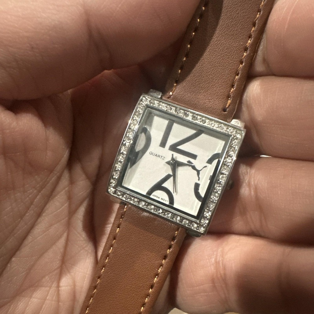 Working Puma Crystal Square Watch for Women New Brown Leather Strap 27mm Fit 7.5